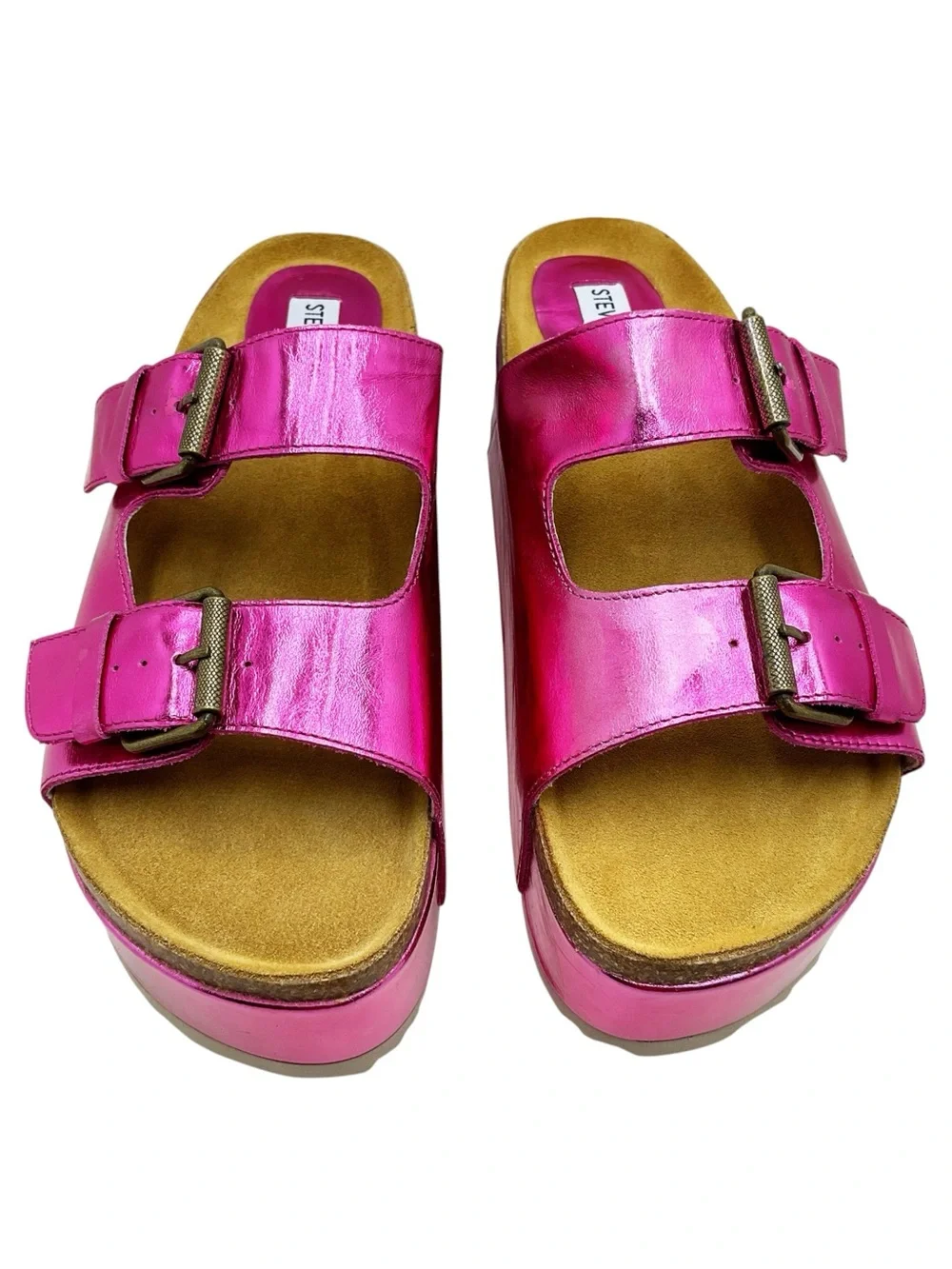 🆕{Steve Madden} Kali-J Distressed Metallic Pink Platform Slide Sandals
